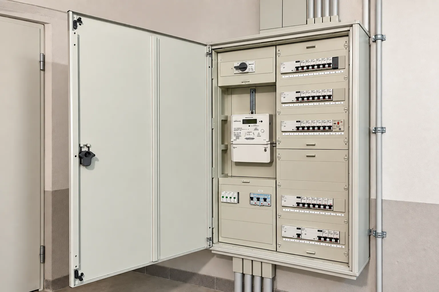 Geöffneter Elektroverteiler mit abgedeckten Sicherungsreihen – KI-generiertes Beispielbild